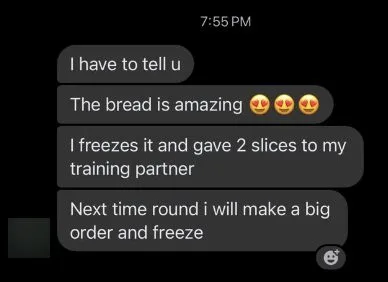 Customer message praising Crumb Cult sourdough