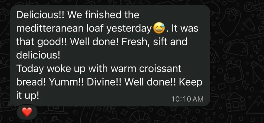 Customer message praising Crumb Cult sourdough