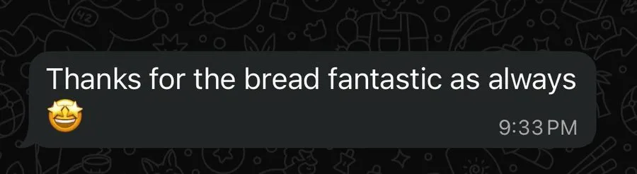 Customer message praising Crumb Cult sourdough