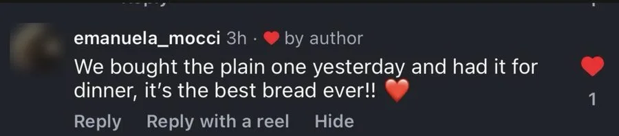 Customer message praising Crumb Cult sourdough